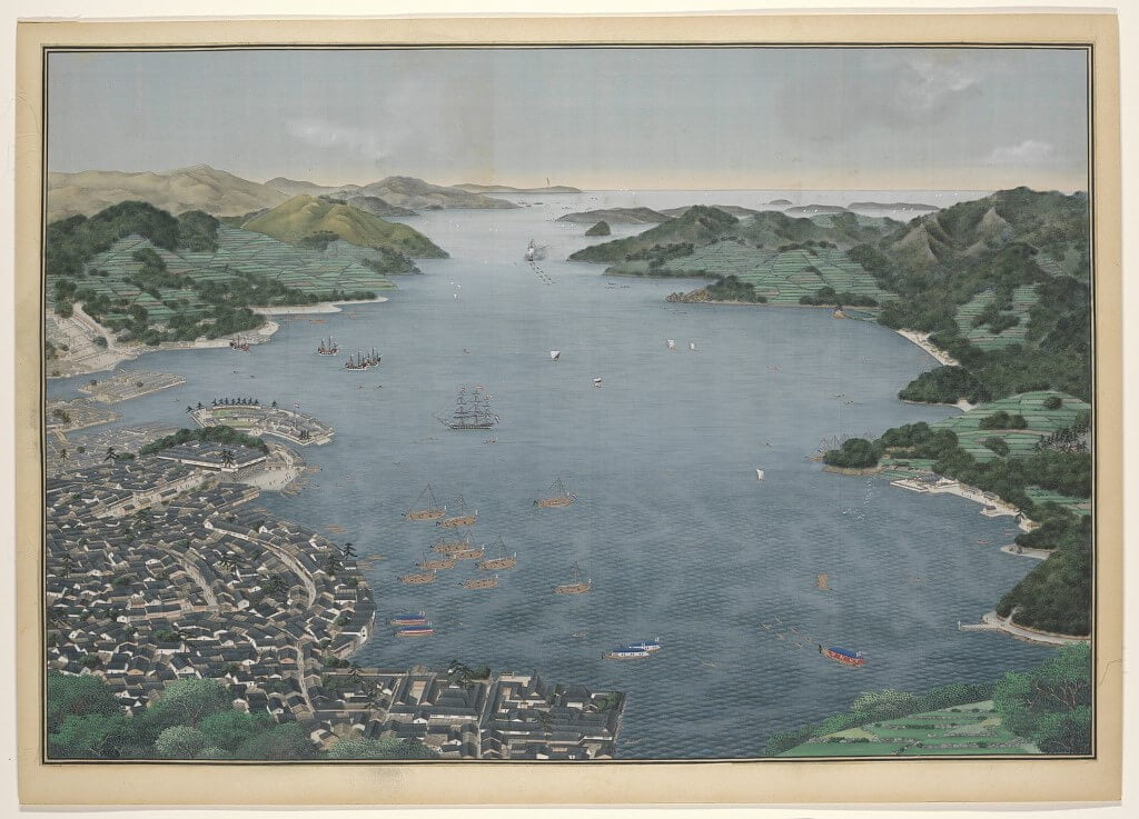 Painting of the harbour in Nagasaki in Japan