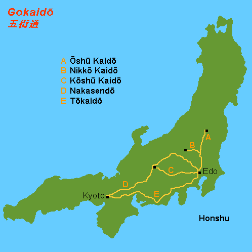 The route of the Nakasendo Trail in Japan