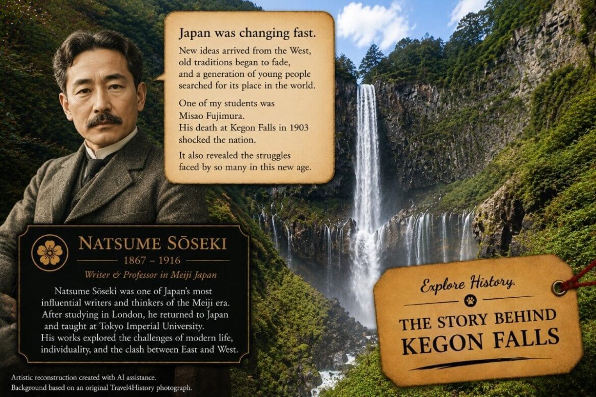 Historical graphic about Natsume Soseki, Misao Fujimura and Kegon Falls in Nikko