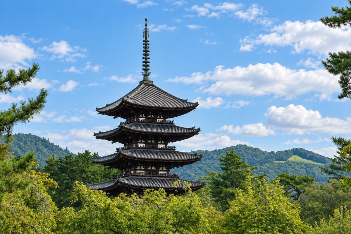 Kofuku-ji pagoda rising above trees in Nara